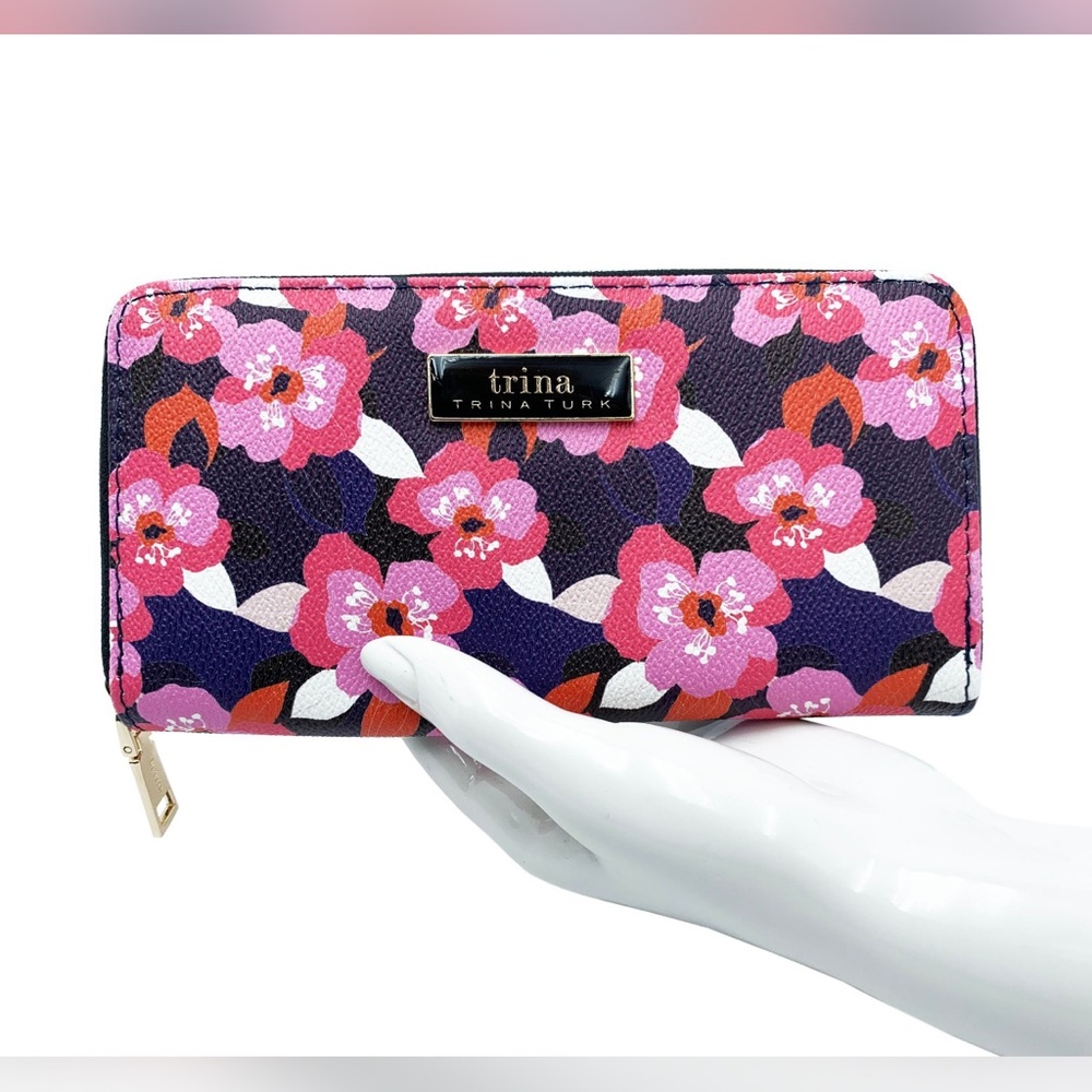 Trina Turk Pink Floral Tote with Navy and Black Accents - Picture 3 of 3